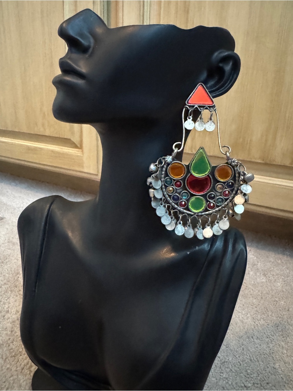 Vibrant Afgjani Multicolor Enamel Drop Earrings with Silver Discs